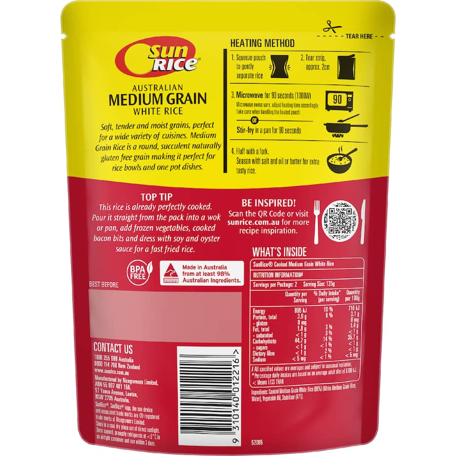 Sunrice Microwave Rice 90sec Medium Grain 250g