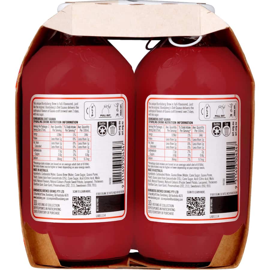 Bundaberg Diet Sparkling Fruit Drink Guava Bottles 4x375mL