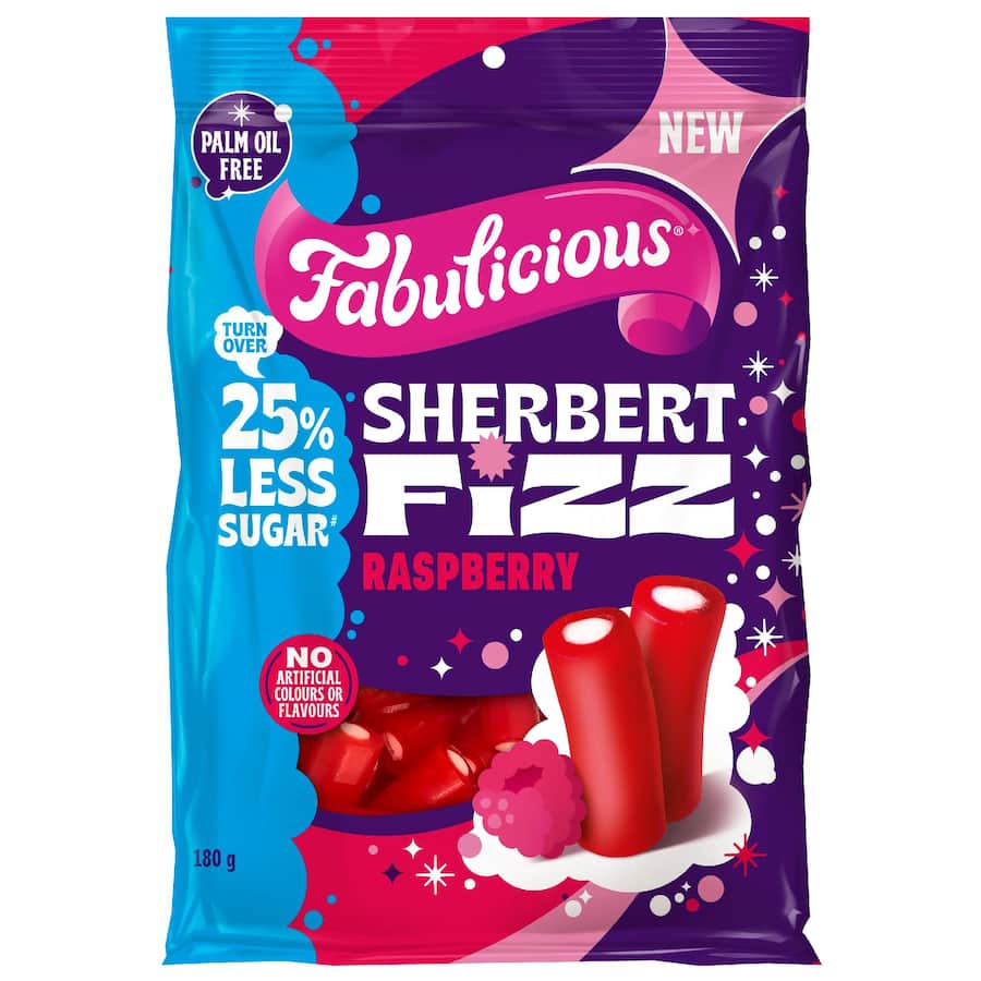 Fabulicious Sherbert Fizz Raspberry 25% Less Sugar 180g