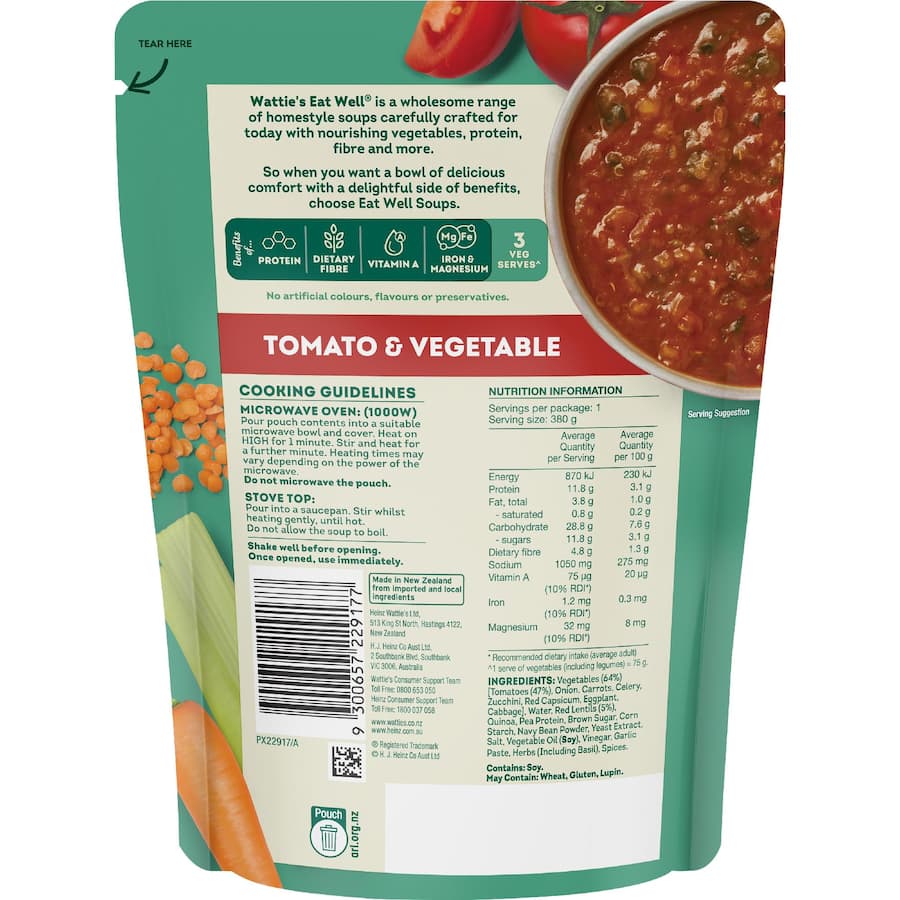 Wattie's Eat Well Soup Tomato & Vegetable Pouch 380g