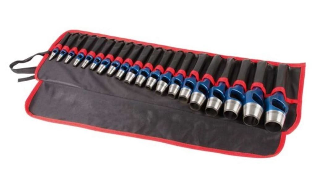 Rennsteig Hollow Wad Punch Set 19Pce, featuring durable punches for crafting gaskets and seals from various materials.
