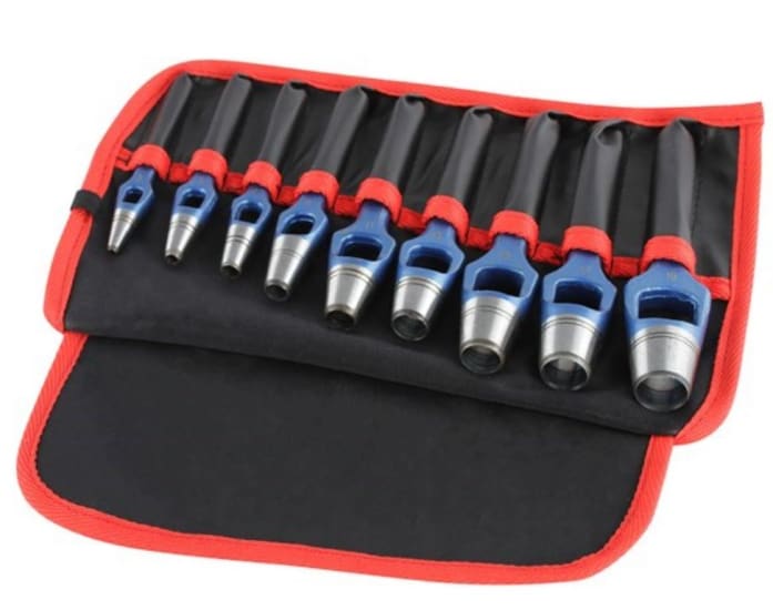 Rennsteig Hollow Wad Punch Set 9Pce for precise gasket cutting in various materials, featuring laser-etched markings and sizes 3-19mm.