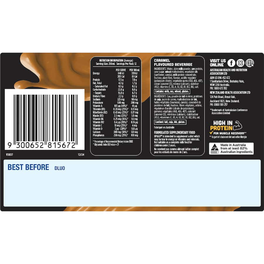 Sanitarium Up & Go Liquid Breakfast Caramel Protein - 12 x 250mL