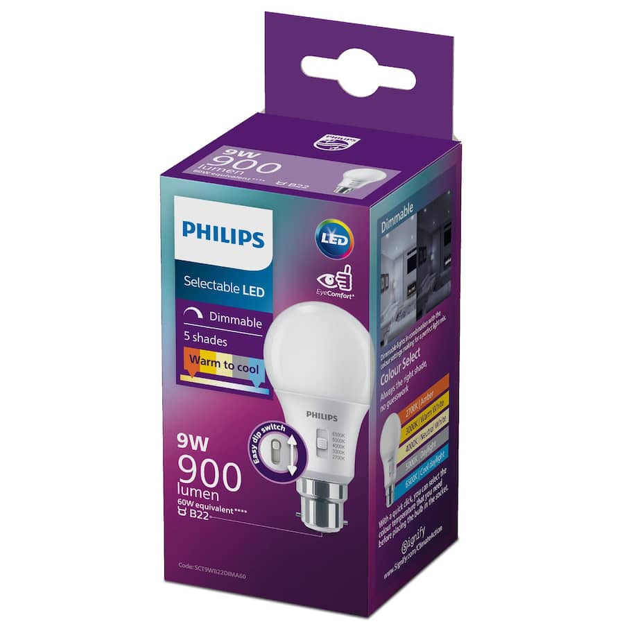 Philips 5 Shades Bayonet Light Bulb Dimmable Led 9w 900 Lumen 1pack