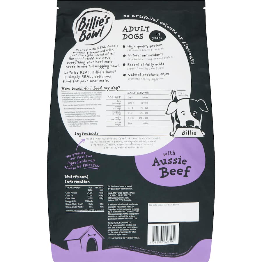 Billie's Bowl Adult Dry Dog Food Aussie Beef Bag 8kg