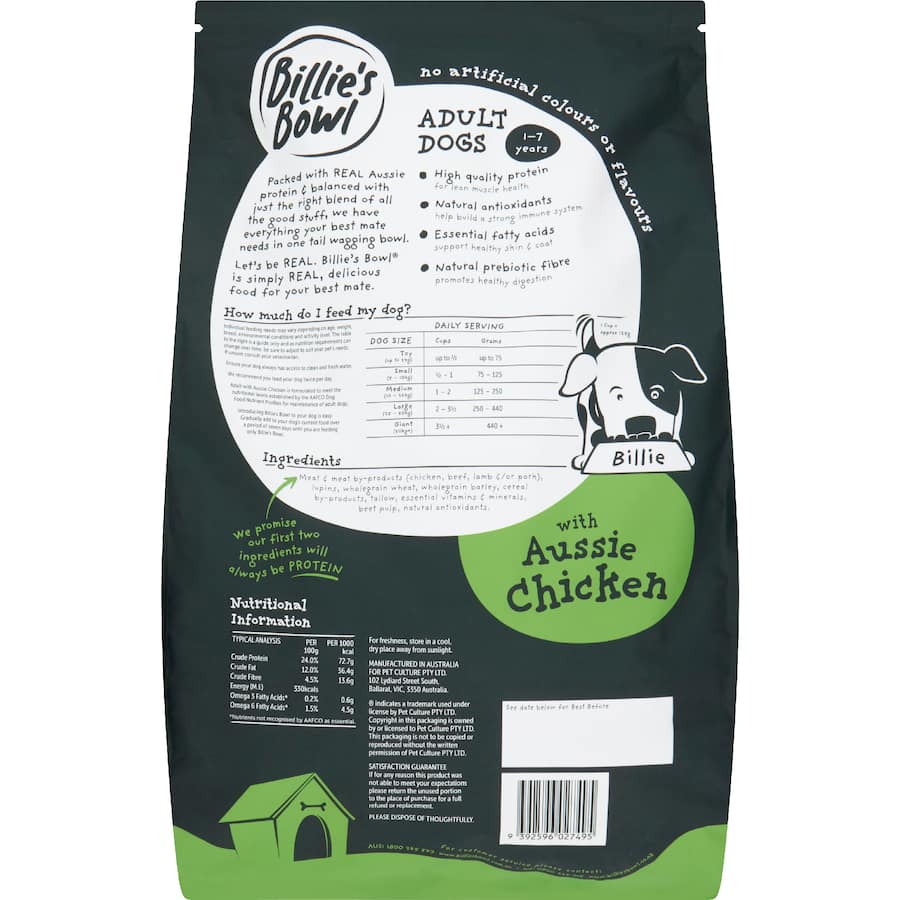 Billie's Bowl Adult Dry Dog Food Aussie Chicken Bag 8kg
