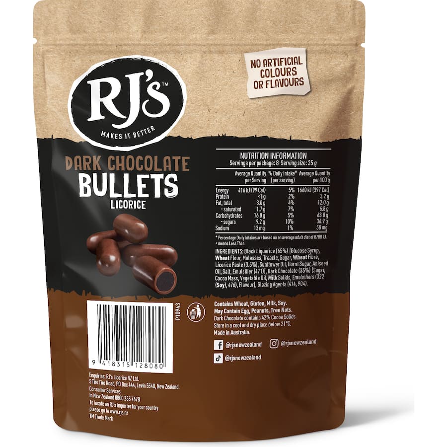 Rj's Licorice Dark Chocolate Bullets 200g