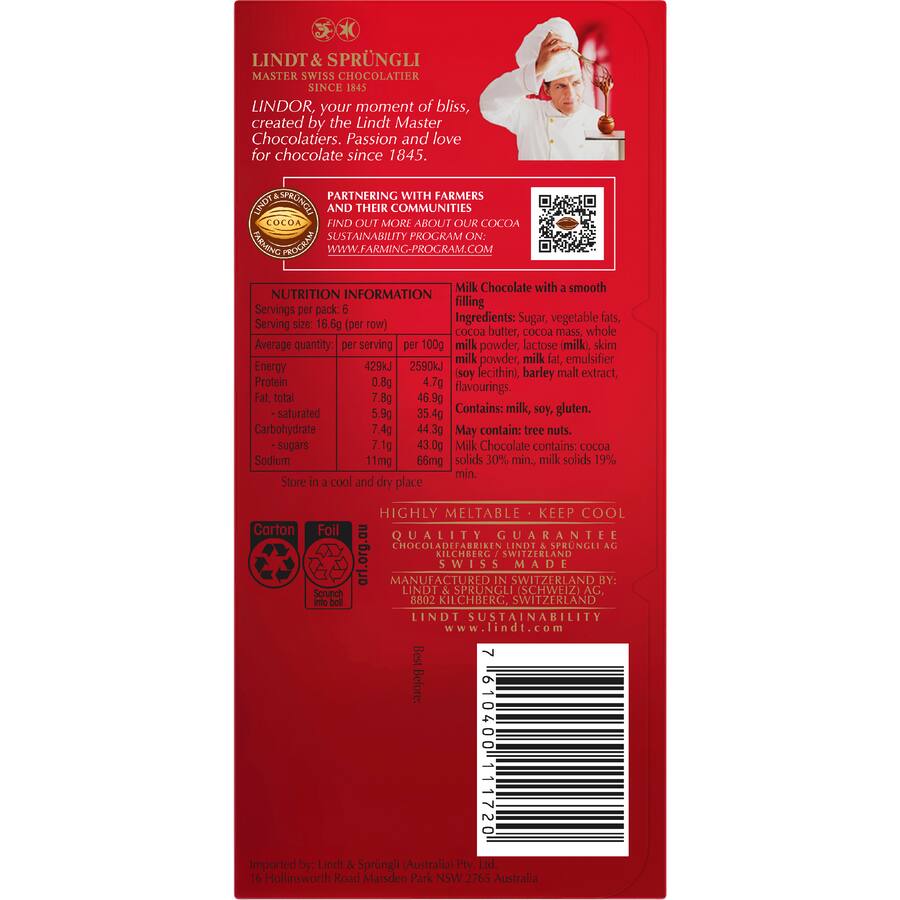 Lindor Chocolate Block Milk Chocolate - 100g