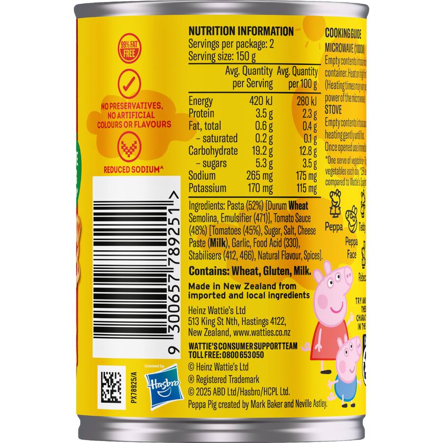 Watties Pasta Peppapig Shapes Intomato 300g
