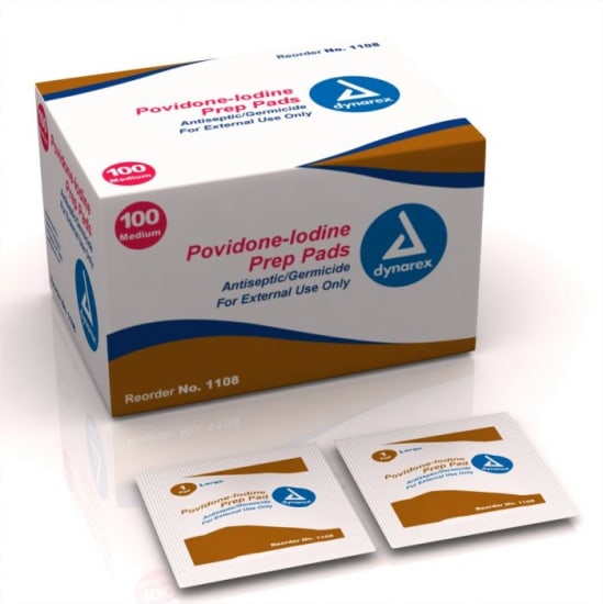 Sterile box of 100 Providone Iodine prep pads for effective skin disinfection and infection prevention.