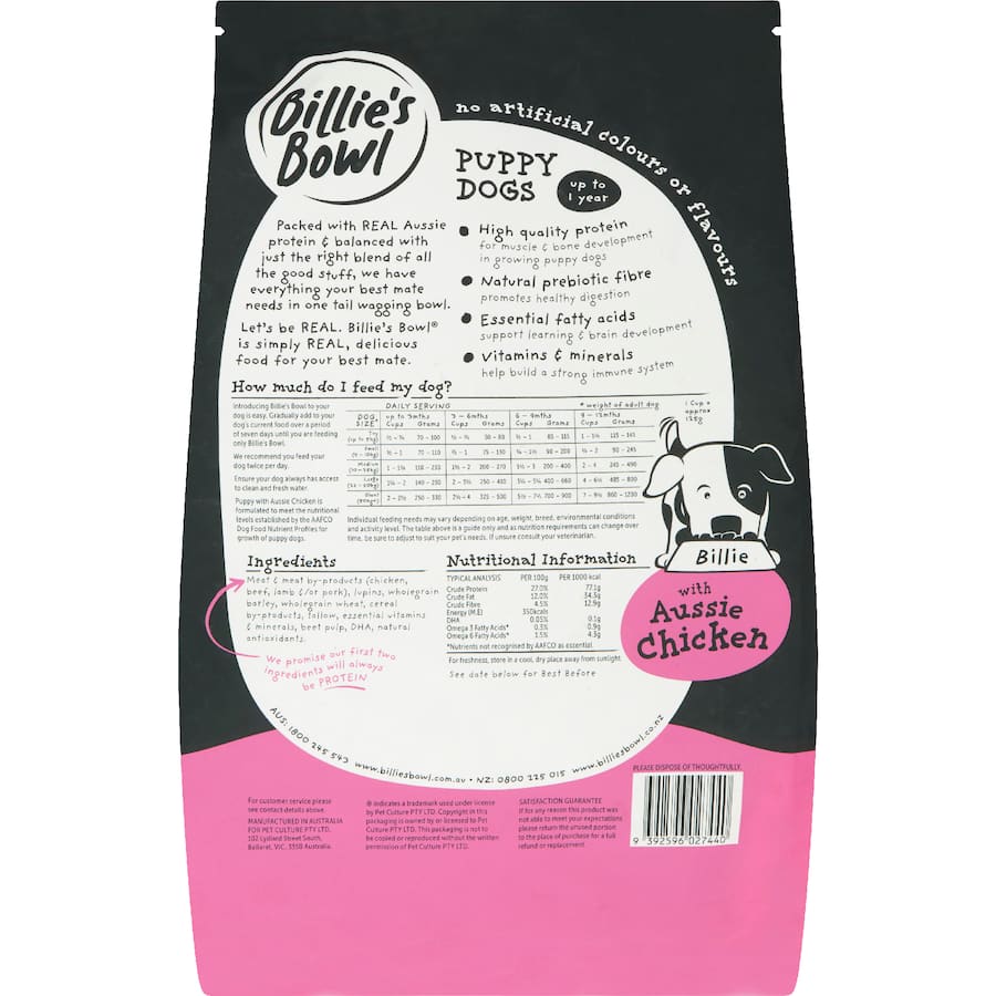 Billie's Bowl Puppy Dry Dog Food Aussie Chicken Bag 3kg