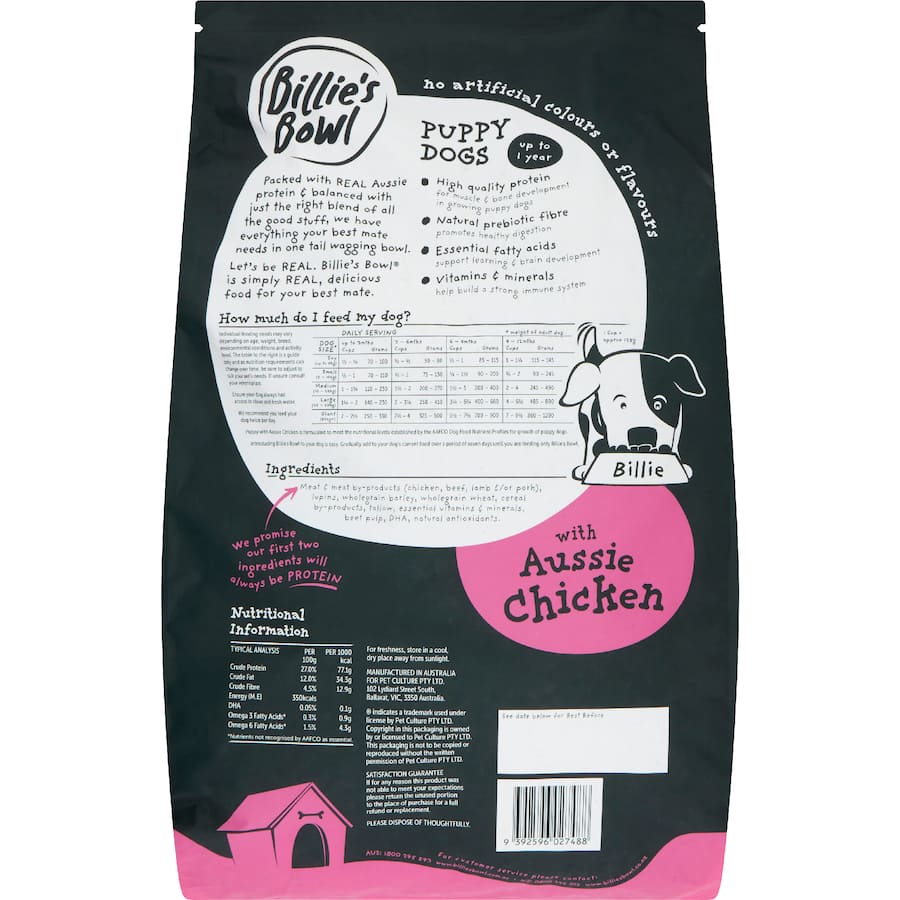 Billie's Bowl Puppy Dry Dog Food Aussie Chicken Bag 8kg