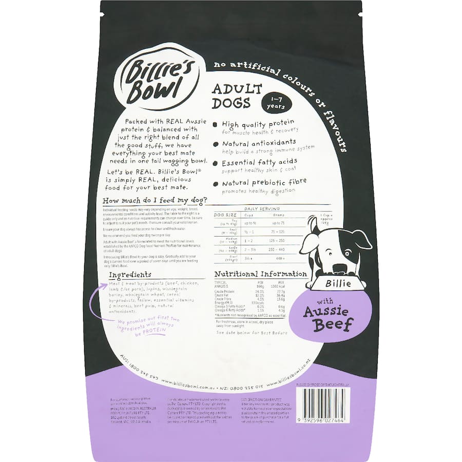 Billie's Bowl Adult Dry Dog Food Aussie Beef Bag 3kg