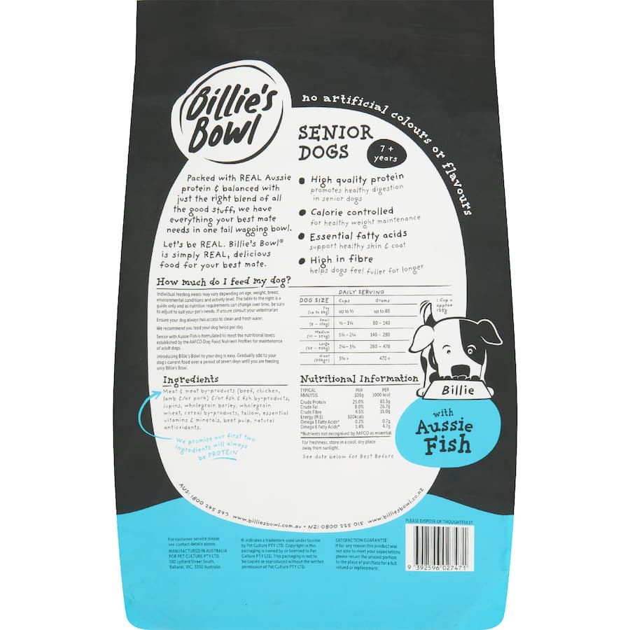 Billie's Bowl Senior Dry Dog Food Aussie Fish Bag 3kg