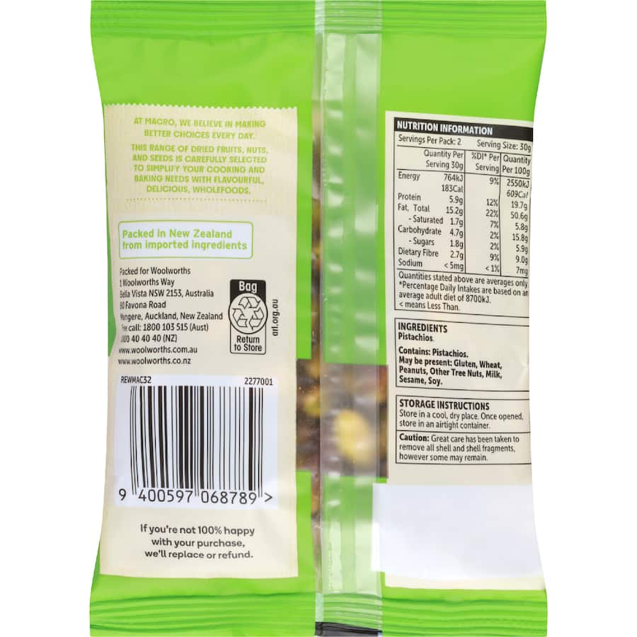 Macro Pistachios Raw Shelled - 70g