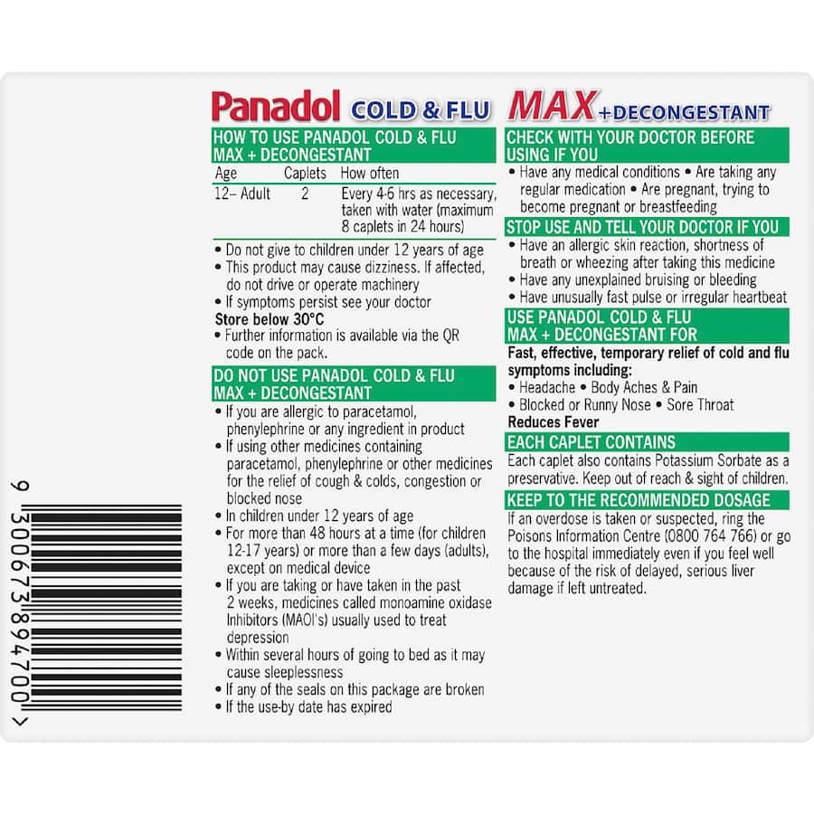 Panadol Cold And Flu Relief Max Decon Caplet 16 pack