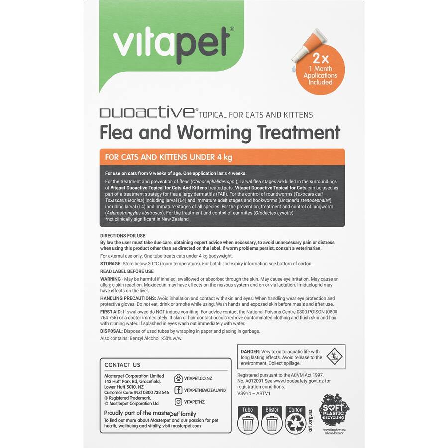 Vitapet Duoactive Pet Care Under 4kg Flea & Worming Treatment - 2 pack