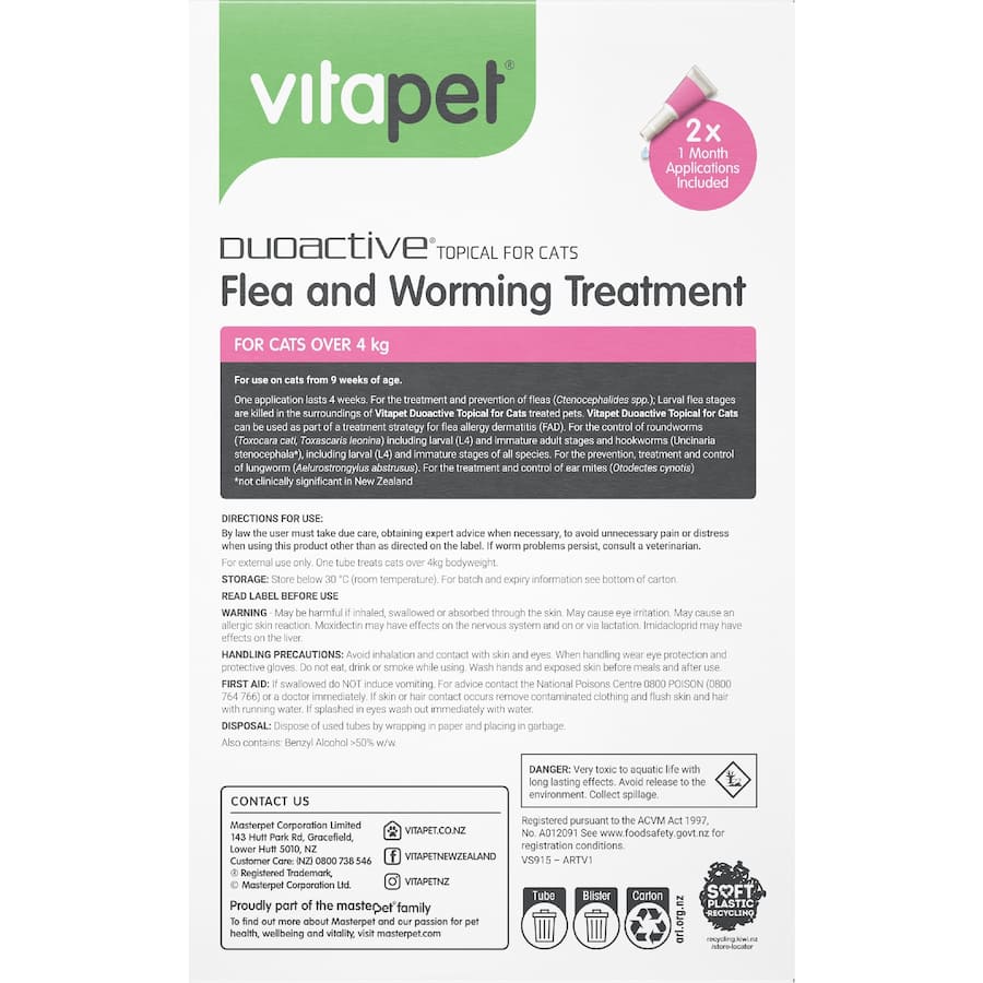 Vitapet Duoactive Pet Care Flea & Worm Treatment Over 4kg - 2 pack