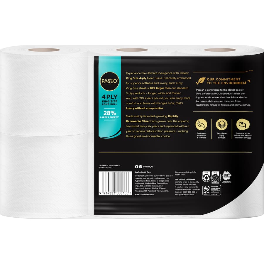 Paseo Toilet Paper 4ply King Size Long Roll - 6pack