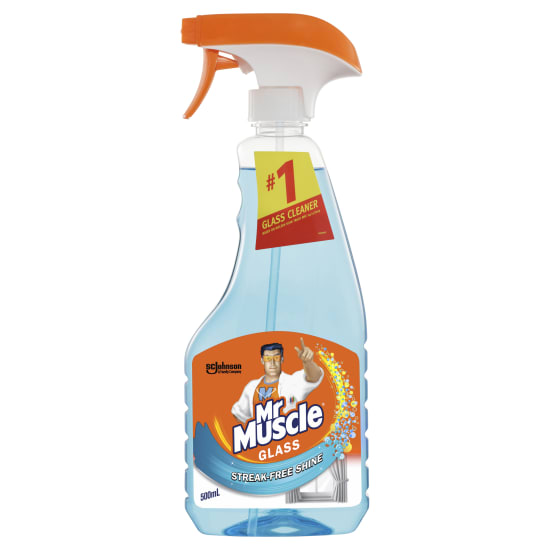 Mr Muscle Glass Cleaner 500ml bottle for streak-free shine on glass, chrome, stainless steel, and hard surfaces.
