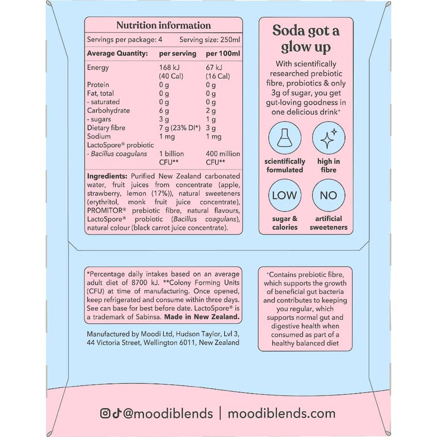 Moodi Pre + Probiotic Soda Pink Lemonade 4 pack 1000mL