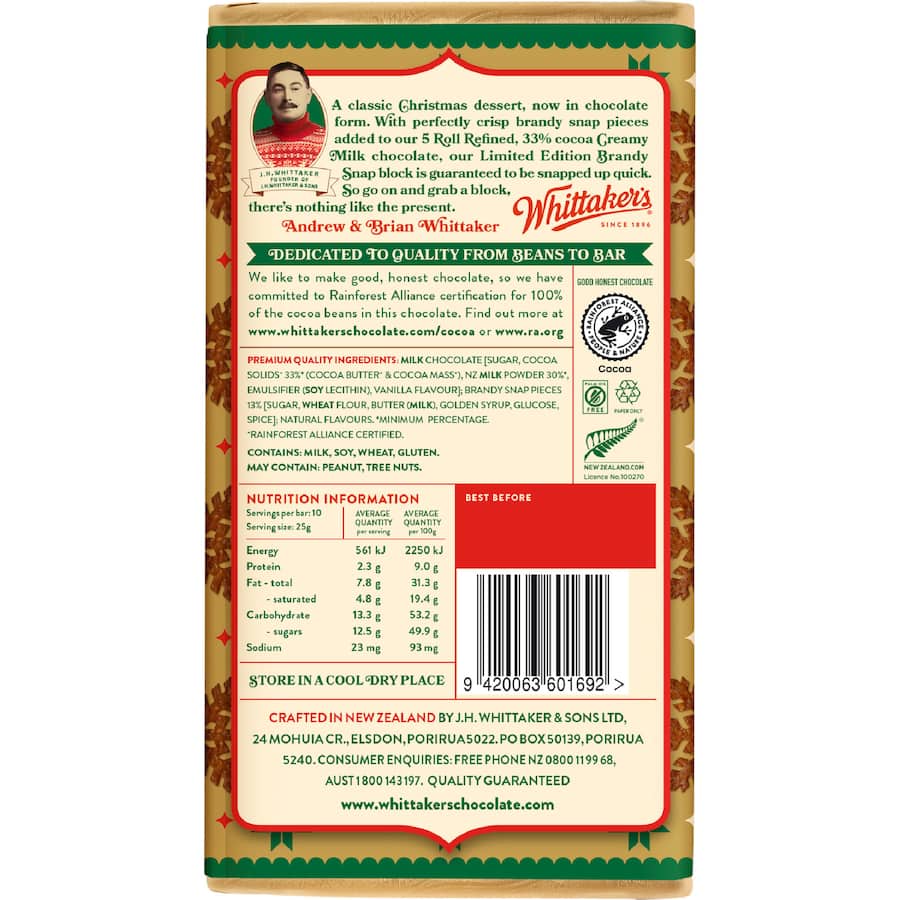 Whittakers Chocolate Block Brandy Snap - 250g