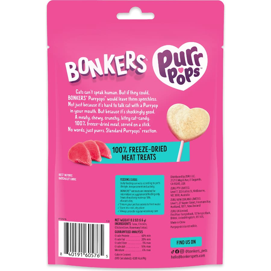 Bonkers Purrpops Wet Cat Food Dried Tuna 4 pack 5.6g