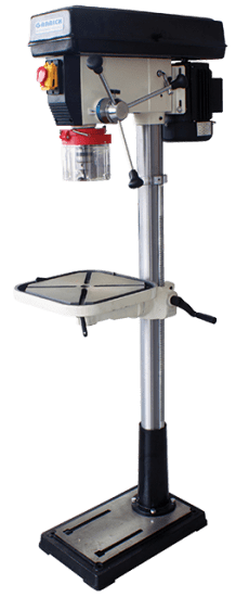 Garrick DP32 Industrial Pedestal Drill with 32mm capacity, heavy-duty cast iron build, tilting table, and safety features.