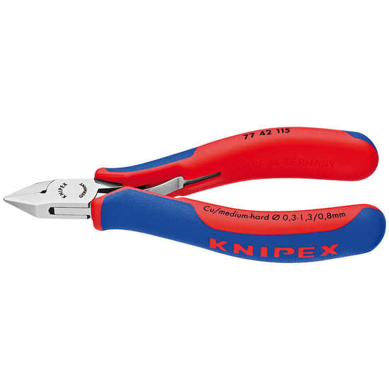 Knipex Electronic Diagonal Cutters with 115mm length, pointed head, durable grips, and 1.6mm cutting capacity for precision electronics work.