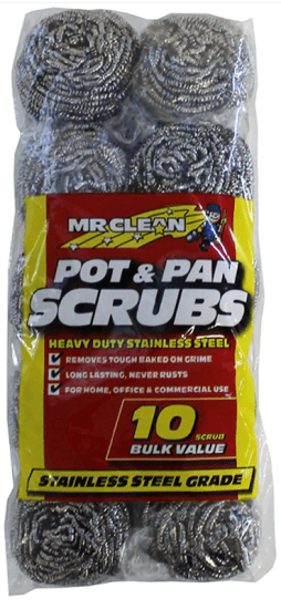 Mr Clean Silver Pot And Pan Scrubs 10-Pack for tackling tough grime on stainless steel cookware and surfaces.