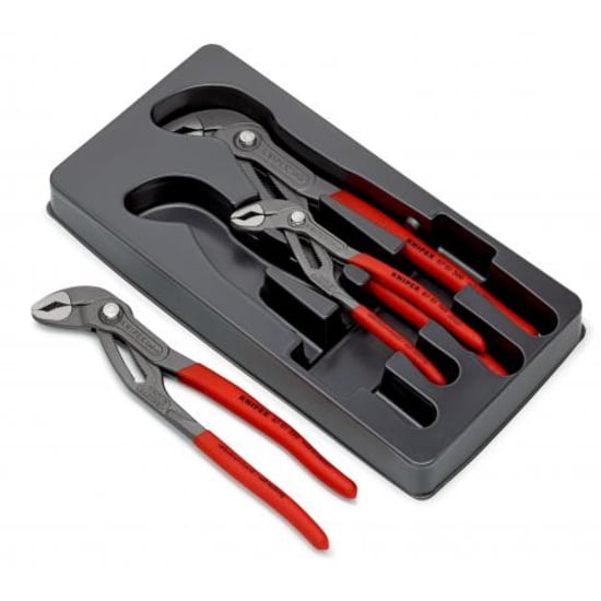 Three-piece Knipex Cobra pliers set in a transparent box, featuring non-slip handles for secure grip and versatile use.
