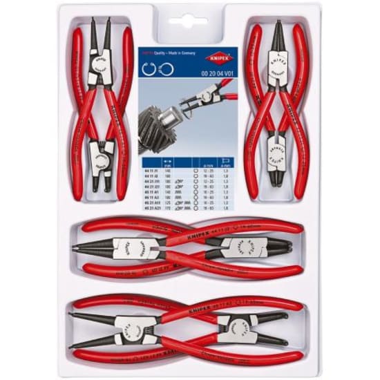 Knipex 8-piece circlip plier set with ergonomic grips, ideal for internal and external circlips, organized in sturdy packaging.