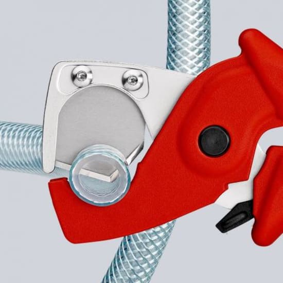 Knipex Pipe Cutters: Ergonomic tool for cutting plastic pipes and hoses up to 25mm, featuring durable, interchangeable blades.