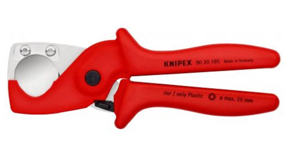 Knipex Pipe Cutters with ergonomic handle, for precise cutting of plastic and rubber pipes up to 25mm, lightweight and portable.