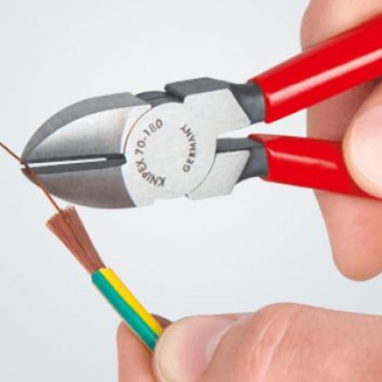 Knipex Diagonal Cutter 180mm with precision edges for clean cuts in soft and hard wire; ideal for tight spaces.