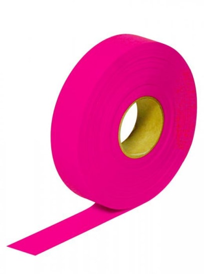 Bright pink flagging tape roll (100m x 25mm) for marking areas, ideal for construction and outdoor use. Durable and high-visibility.