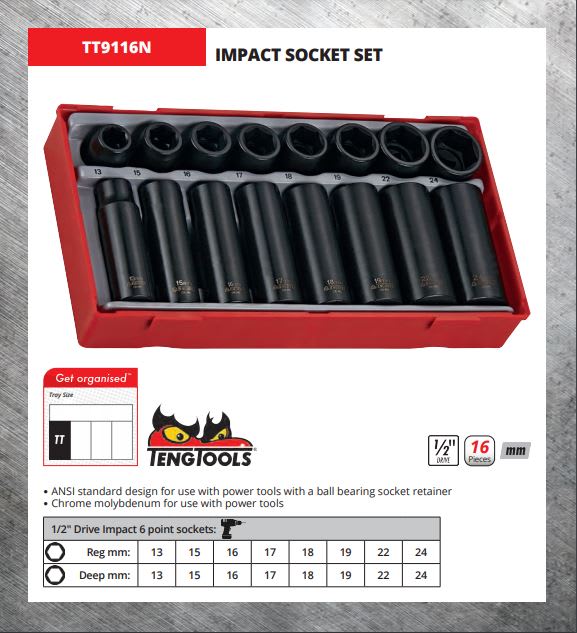 Teng 1/2" Drive Impact Socket Set 16 Piece