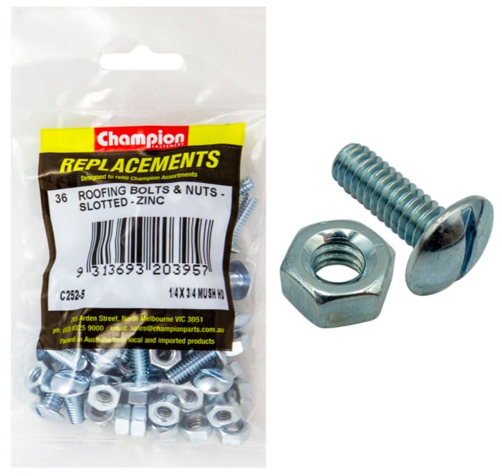 1/4 x 3/4 Mush Roofing Bolts & Nuts Zinc 36PK