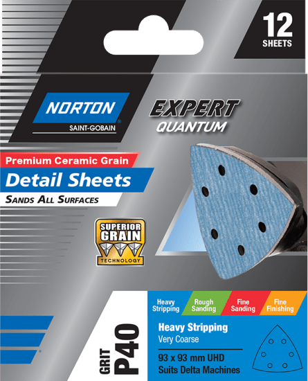 Norton Premium Ceramic Grain Detail Sheet, 93x93mm, P40 grit, with 6 holes for dust extraction, ideal for automotive and woodworking.