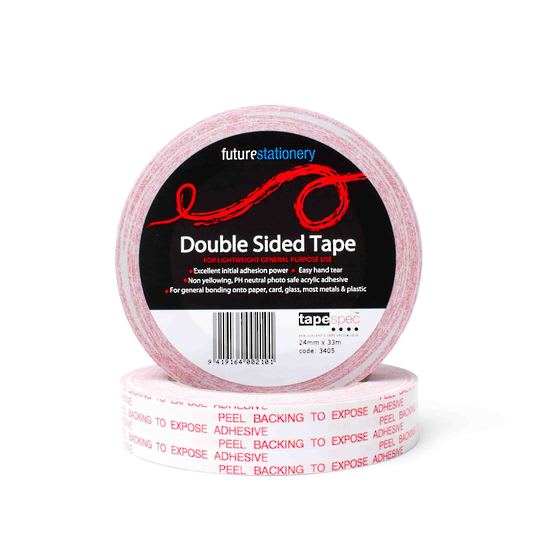 Clear double-sided tape on a roll, 48mm wide and 33m long, ideal for crafting and bonding various materials securely.
