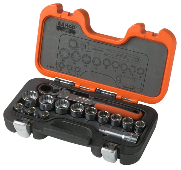 Bahco 14 Piece Go-Through Socket Set with versatile sizes, 72-tooth ratchet, and durable storage case for mechanics and DIYers.