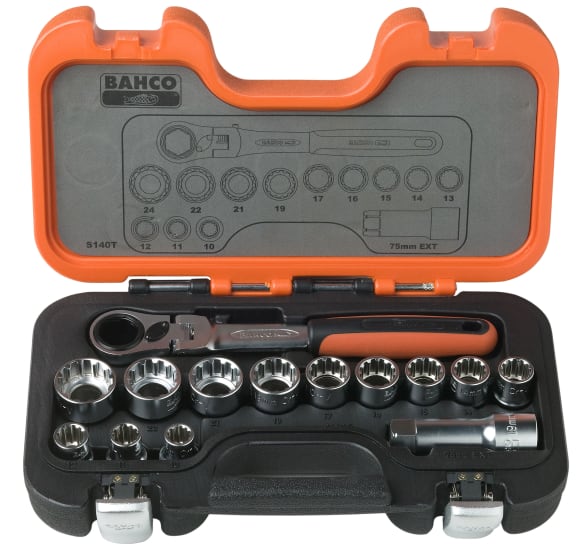 Bahco 14 Piece Go-Through Socket Set with 12 double hex sockets, 72-tooth ratchet, and durable case for tight spaces.