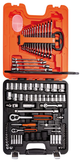 Bahco 94-piece spanner and socket set, featuring durable alloy steel tools for versatile mechanical tasks and easy organization.