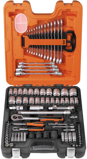 Bahco 94-piece spanner and socket set, featuring various hex sockets, impact sockets, and ergonomic tools for versatile use.