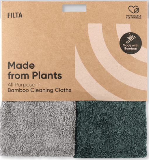 Eco-friendly Filta Bamboo Cleaning Cloths in grey and green, 30x30cm, perfect for versatile, hygienic cleaning tasks.