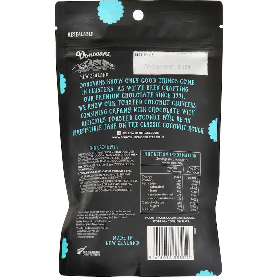 Donovans Chocolate Sharepack Coconut Clusters Bag 150g