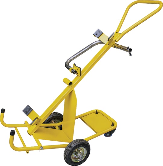 Stronghand Gas Cylinder Cart features sturdy steel construction, pneumatic wheels, and secure retainer bar for safe cylinder transport.