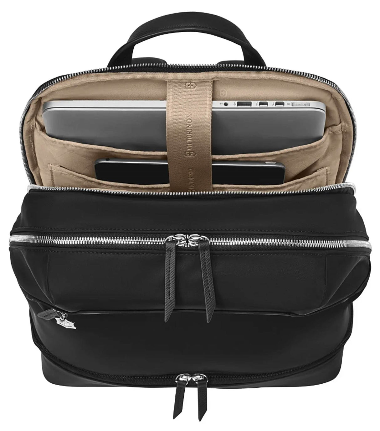 Midnight blue Victorinox backpack with 15" laptop compartment, tablet pocket, removable wristlet, and padded straps.