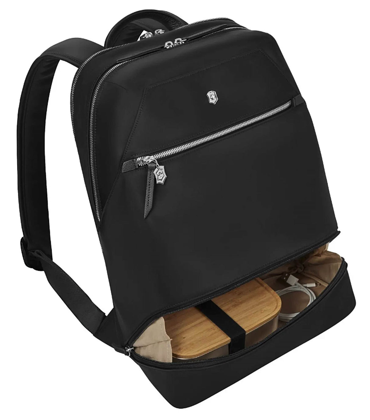 Midnight blue Victorinox Signature Deluxe laptop backpack with 15" compartment, tablet pocket, and removable wristlet pouch.