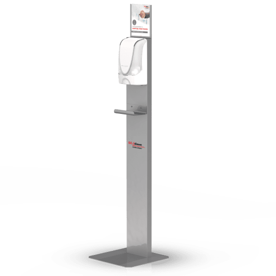 Touch-free hand sanitiser dispenser stand with sturdy metal design, silver catch tray, and easy assembly for hygienic spaces.